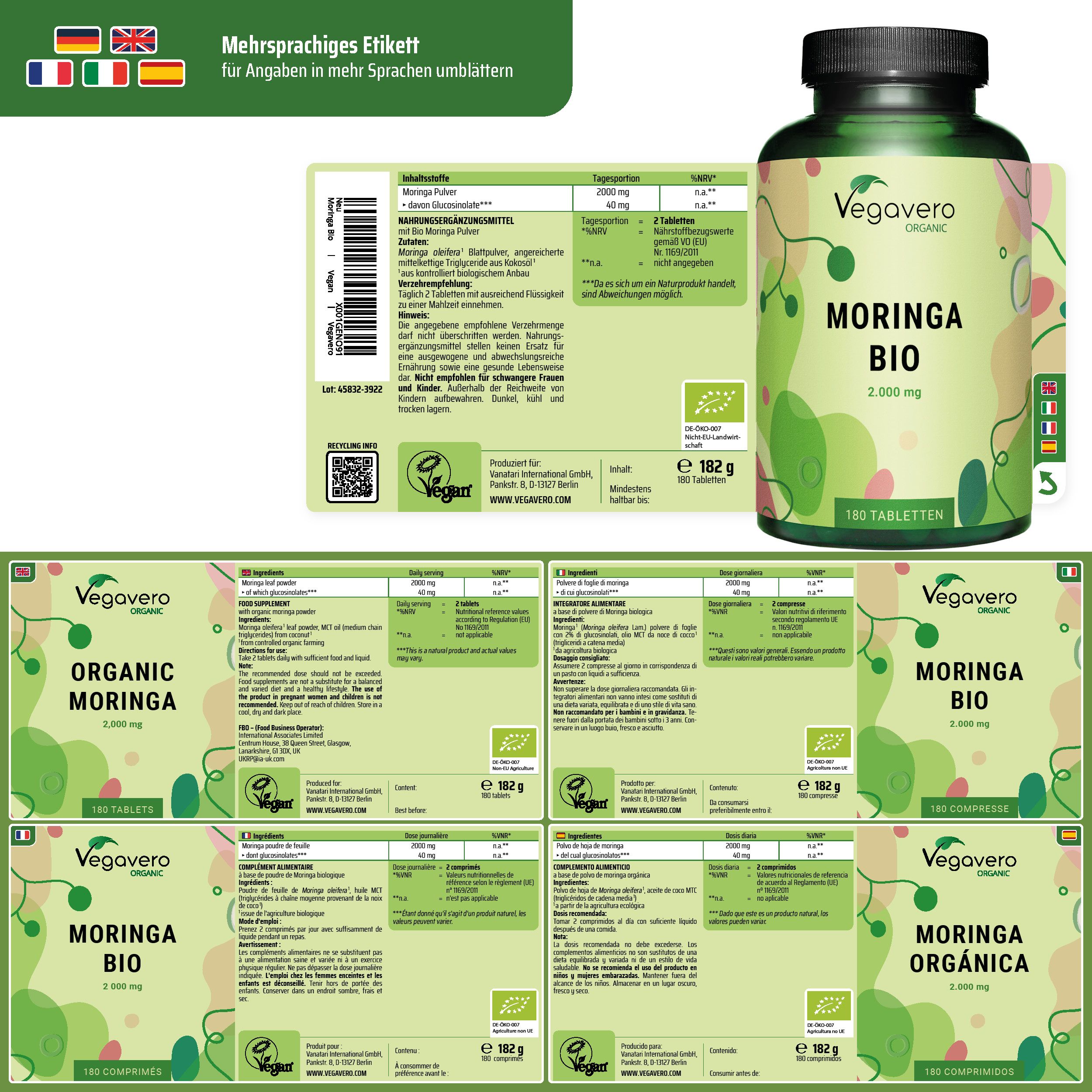 Mehrsprachiges Etikett und Flasche Moringa BIO. Vegavaro. 180 Tabletten. EU-Bio-Logo.