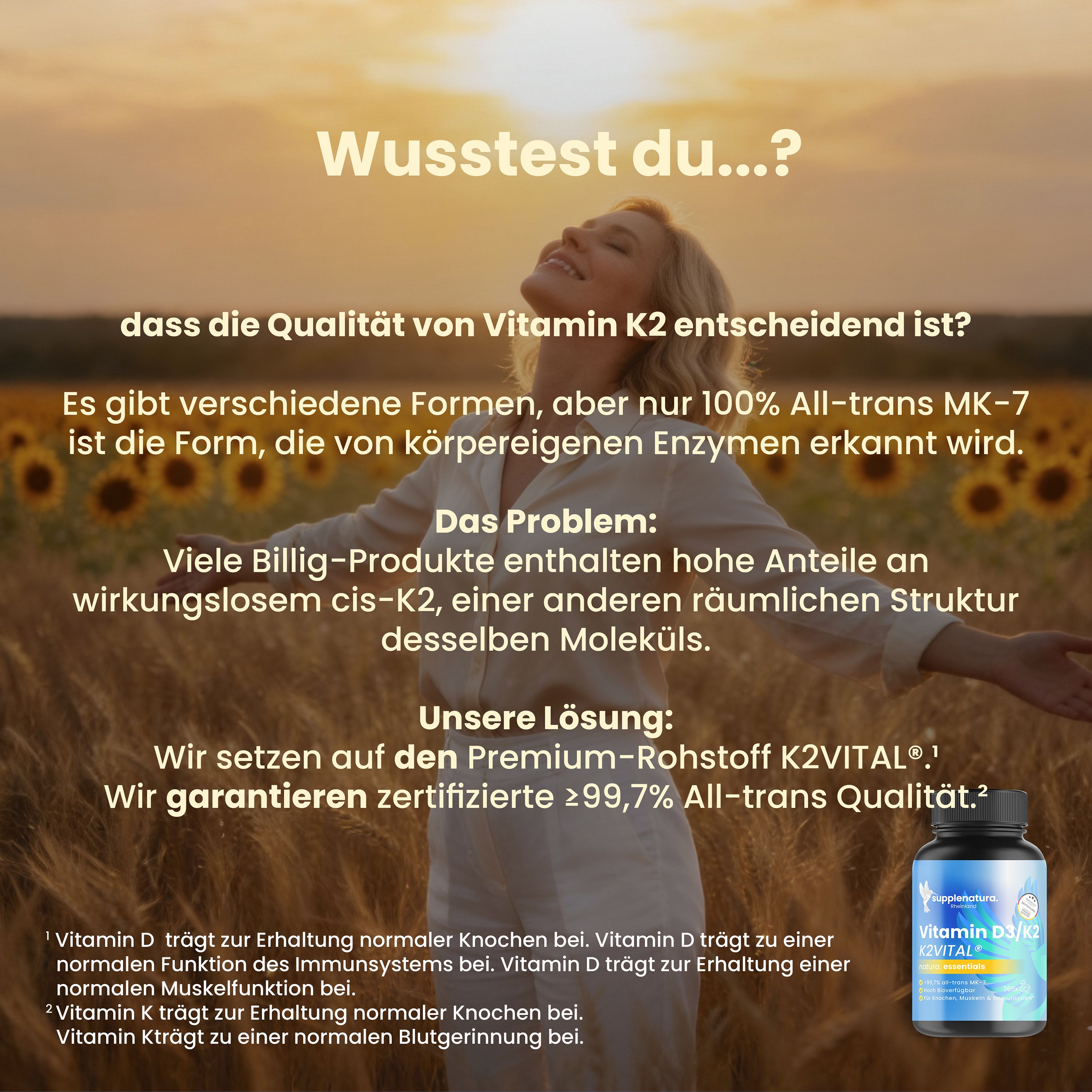 supplenatura® - Vitamin D3 K2 hochdosiert - Premium K2VITAL® - 2.500 IE Vitamin D3- Jahresvorrat