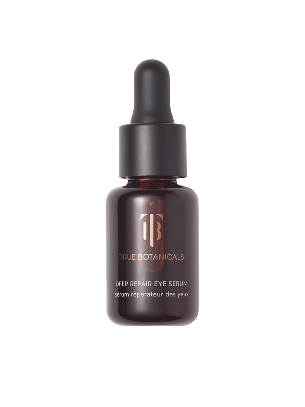 Braune Glasflasche mit schwarzem Deckel und Pipette. Aufschrift: DEEP REPAIR EYE SERUM. Marke: TRUE BOTANICALS.