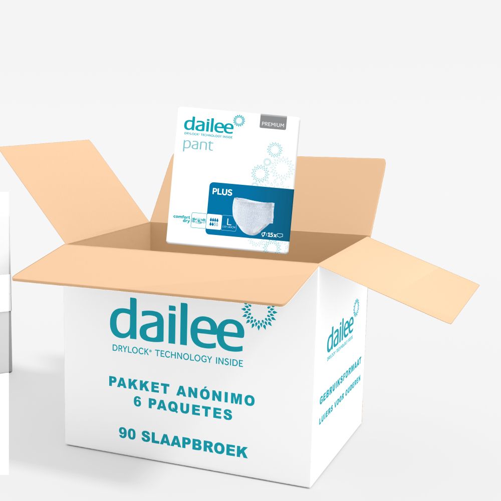 Open doos met Dailee Pants Plus verpakking. 90 Slaapbroek, 6 pakjes.