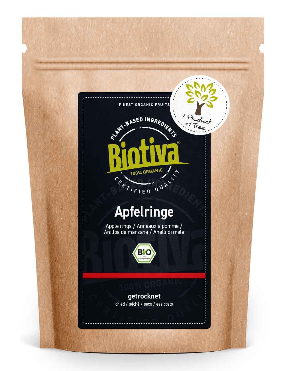 Biotiva Apfelringe in brauner Verpackung. Schwarzes Etikett mit Produktname und Bio-Siegel. 100% Organic.