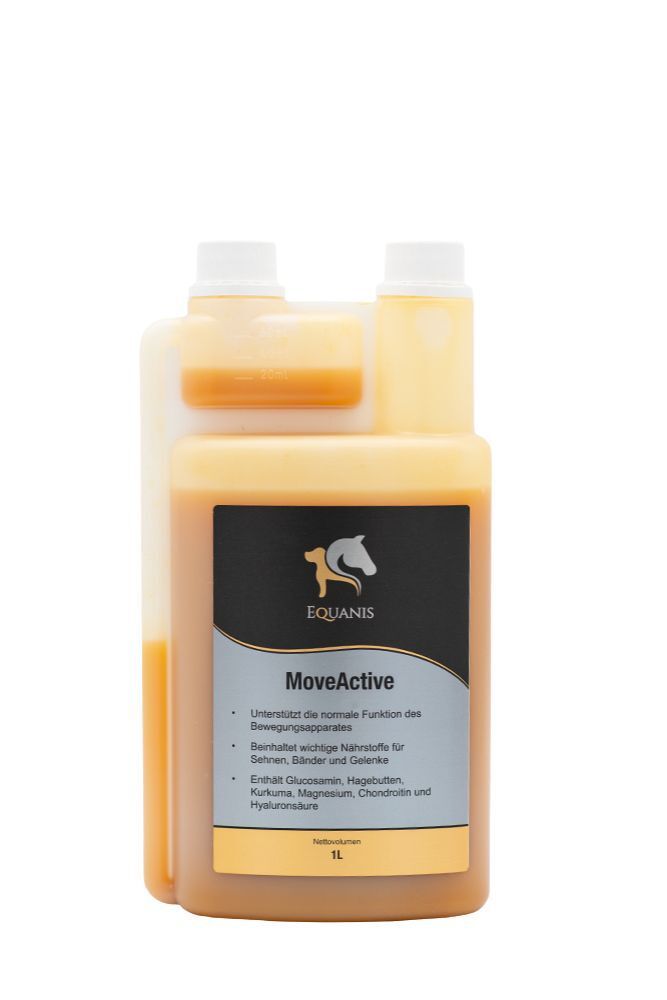 Equanis MoveActive flüssig in einem 1L Behälter mit Dosieraufsatz. Das Etikett zeigt ein Pferdekopf-Logo und Produktinformationen.