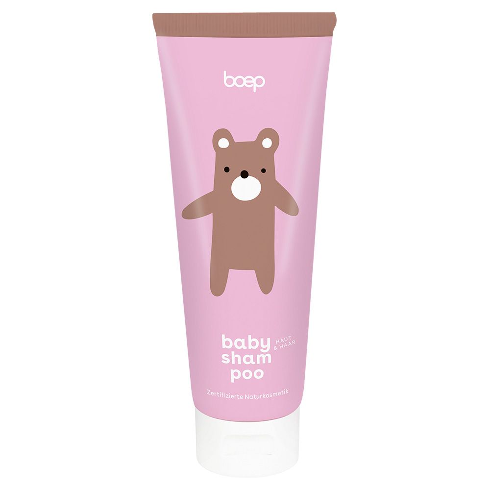 Rosa Tube mit braunem Deckel. Aufdruck: Bär, "baby shampoo".