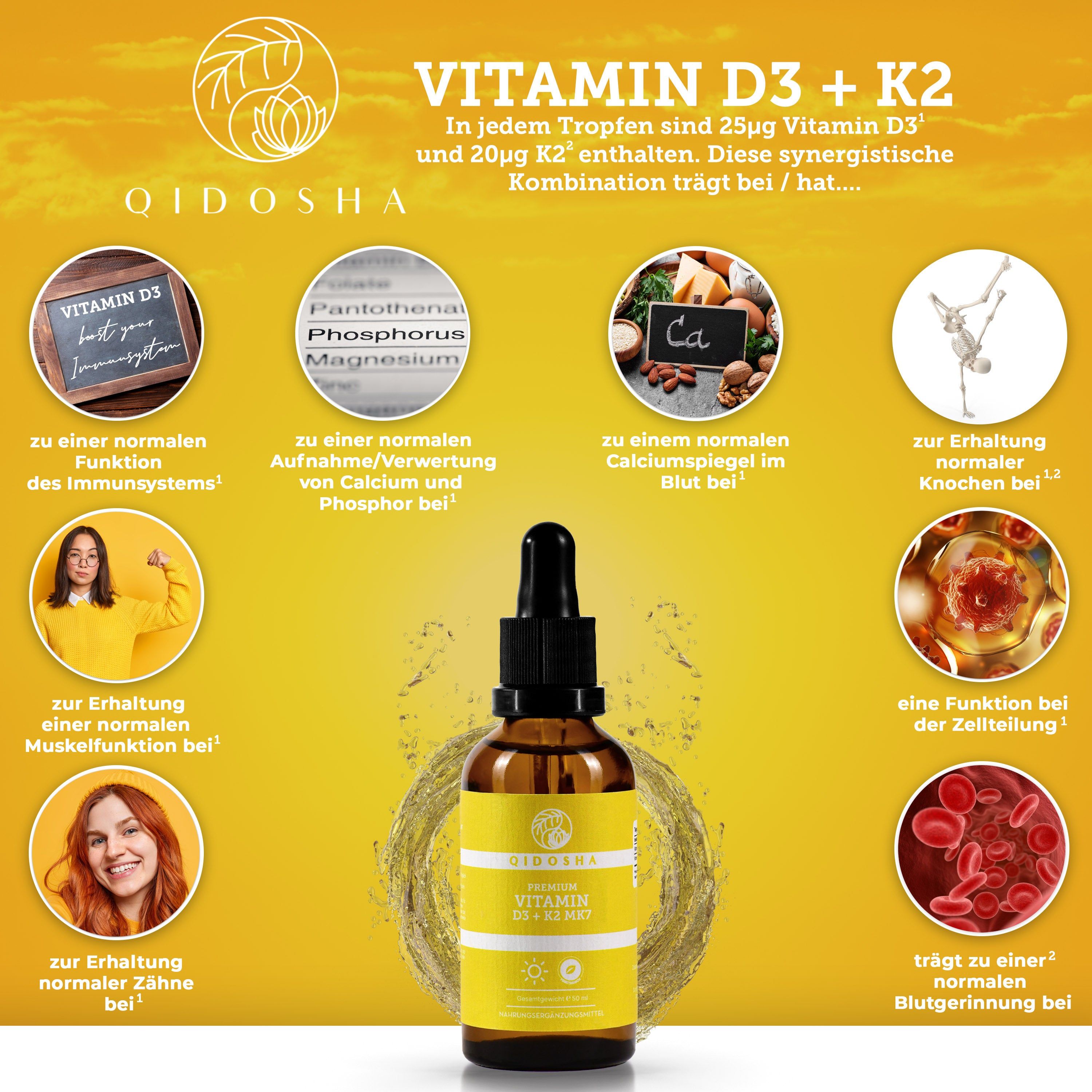 QIDOSHA Vitamin D3+K2 Tropfen: Flasche mit Pipette, umgeben von Icons, die Vorteile wie Immunsystem, Knochen und Zellteilung darstellen.