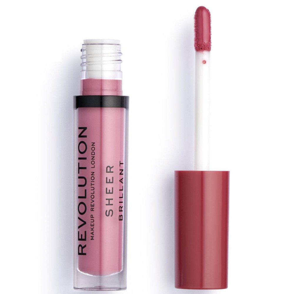 Lipgloss-Tube mit geöffnetem Deckel und Applikator. Aufschrift: REVOLUTION, SHEER, BRILLANT. Rosa Inhalt.