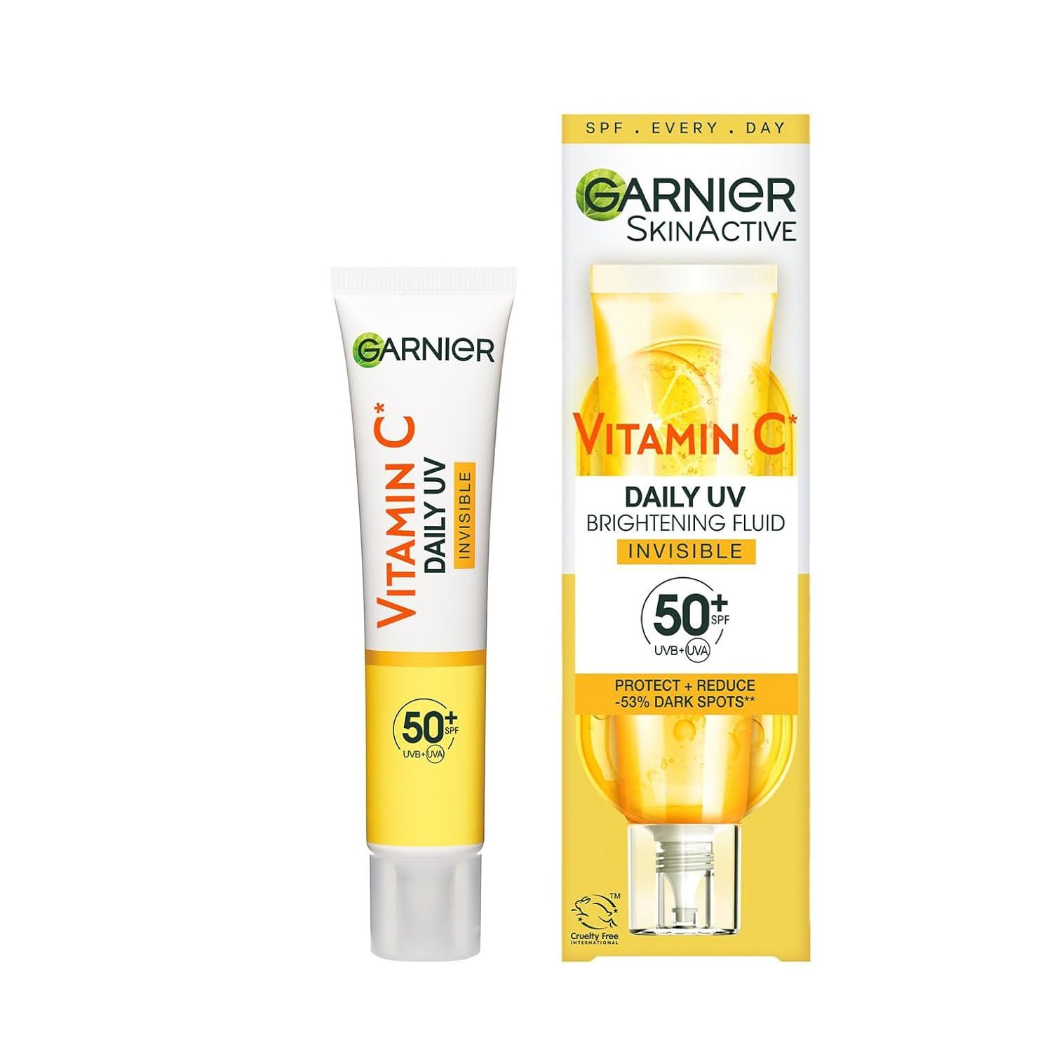 Tube mit Garnier Vitamin C Daily UV Invisible Sonnenschutzcreme und Verpackung. Gelb-weißes Design, Text: Vitamin C, Daily UV, 50+.