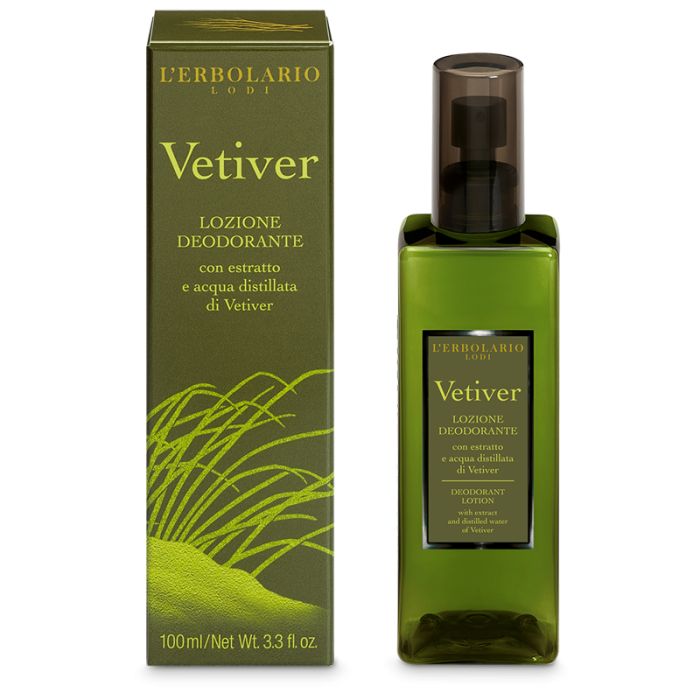 Grüne Flasche und Schachtel mit Produkttext. Aufschrift: Vetiver Lozione Deodorante. Marke: L'Erbolario.