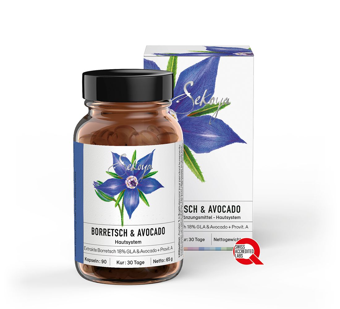 Braune Glasflasche und Karton mit floralem Design. Aufschrift: Borretsch & Avocado. 90 Kapseln, 30 Tage Kur. Q-Zertifizierung.