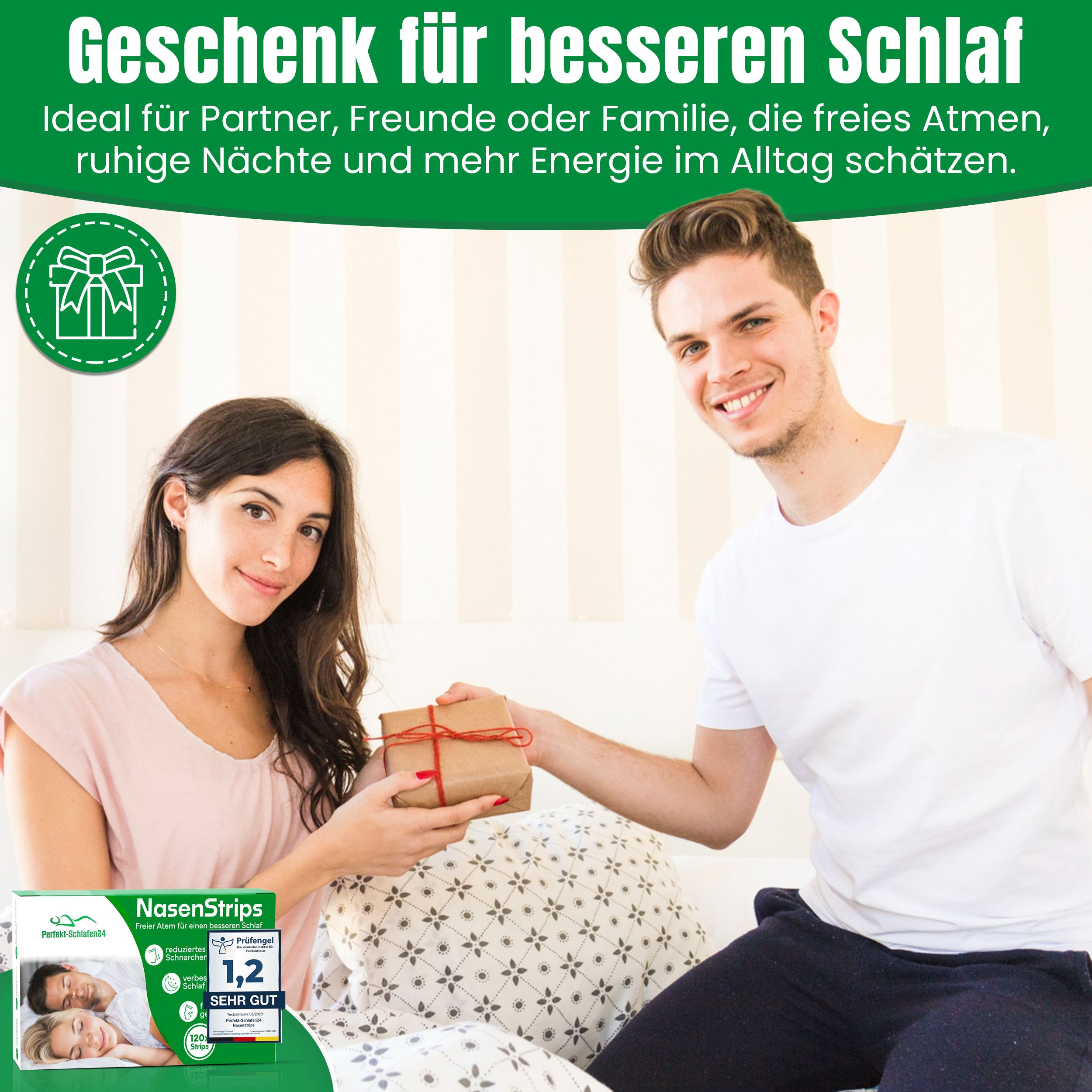 Paar im Bett, Geschenk. Nasenstrips-Verpackung. Text: Geschenk für besseren Schlaf. Ideal für Partner, Freunde, Familie.