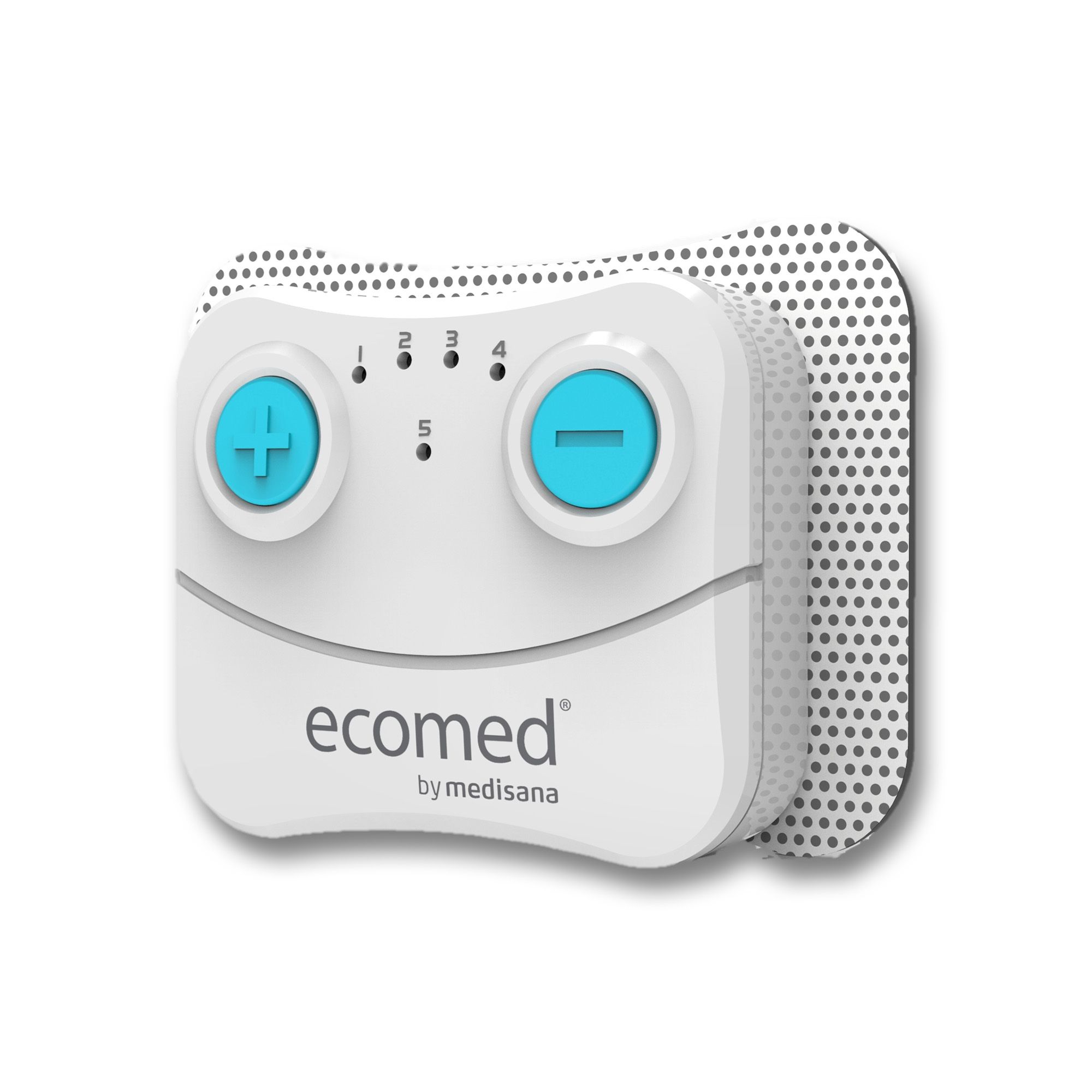 Gerät mit zwei blauen Knöpfen, fünf Kontrollleuchten und einem Elektrodenpad. Aufschrift: ecomed by medisana.
