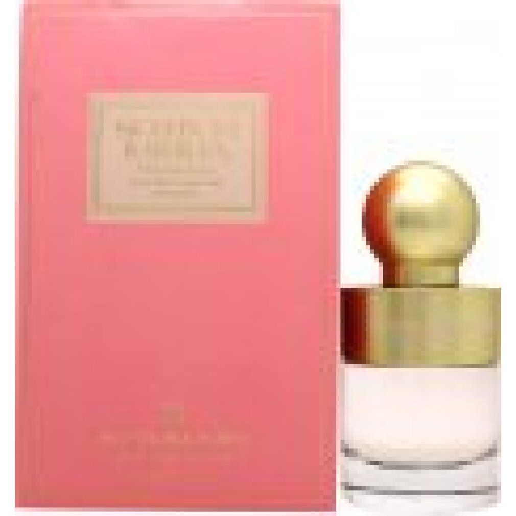 Rosa Schachtel neben einer Glasflasche mit goldenem Verschluss.