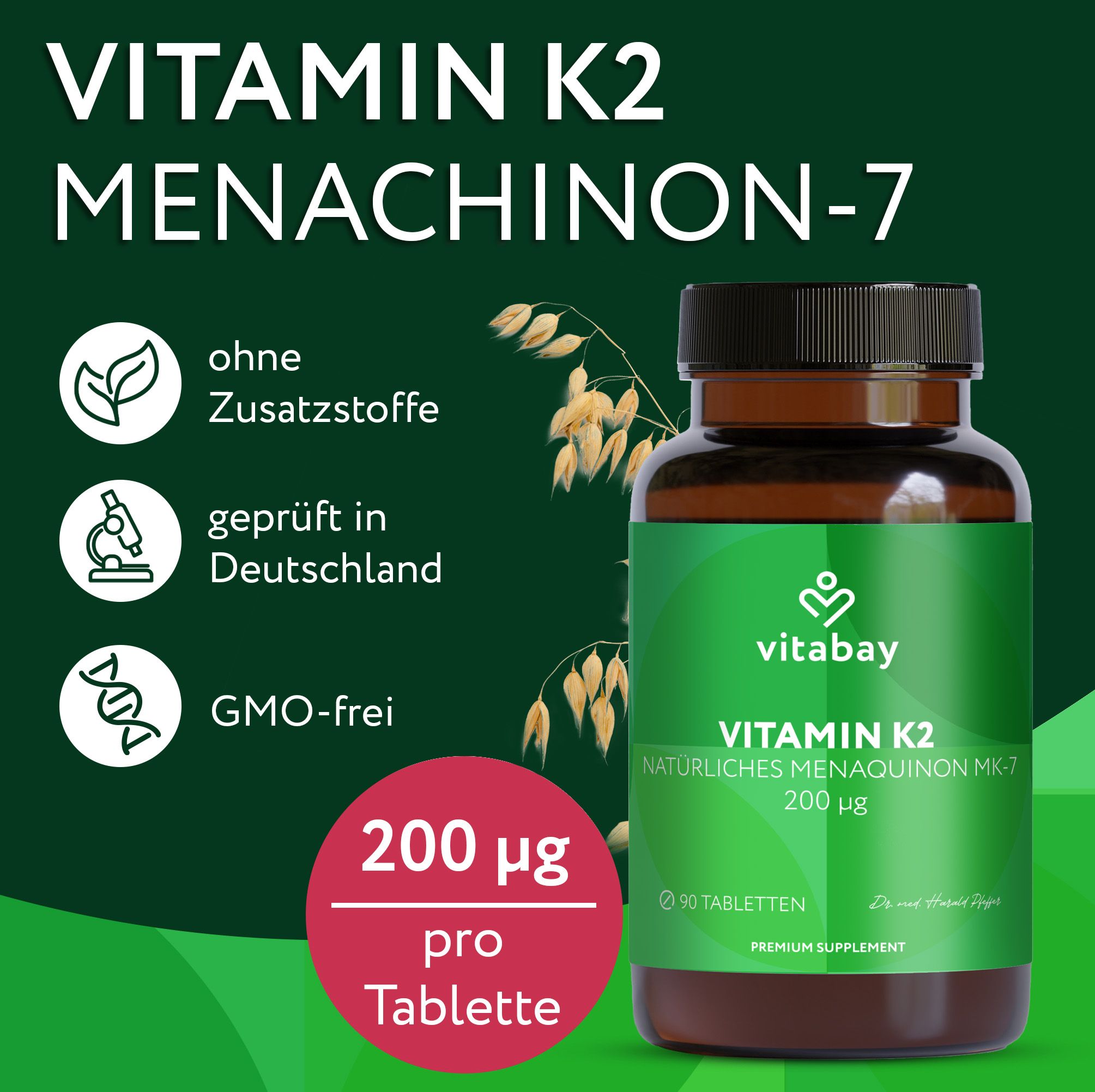 Vitabay Vitamin K2 Flasche, 90 Tabletten, 200 µg pro Portion. Täglich eine Tablette.