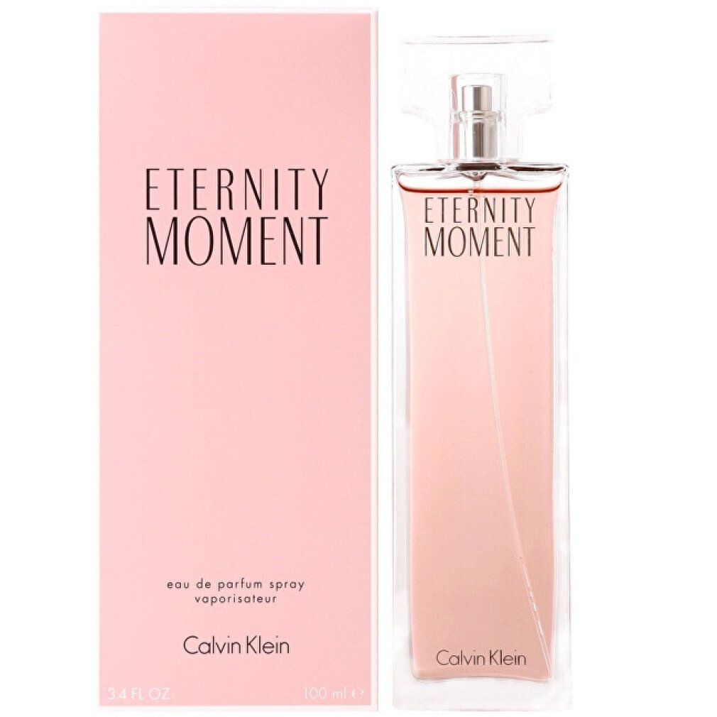 Flakon und Verpackung. Flakon rechteckig, rosa Flüssigkeit. Verpackung rosa, Aufschrift "Eternity Moment". Marke Calvin Klein.