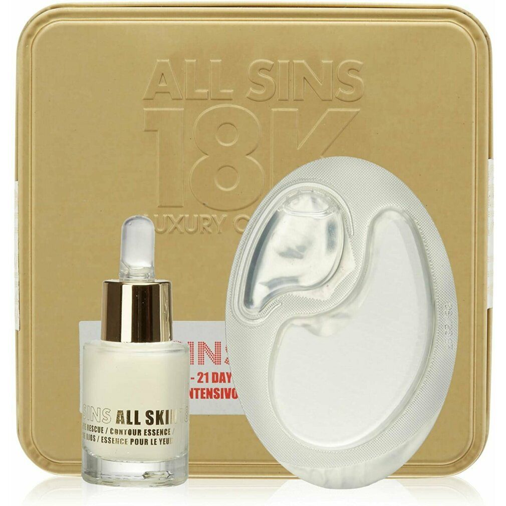 Goldfarbene Box mit Produktnamen. Flasche mit Pipette und weißem Produkt. Weißes, ovales Gerät mit transparentem Einsatz.