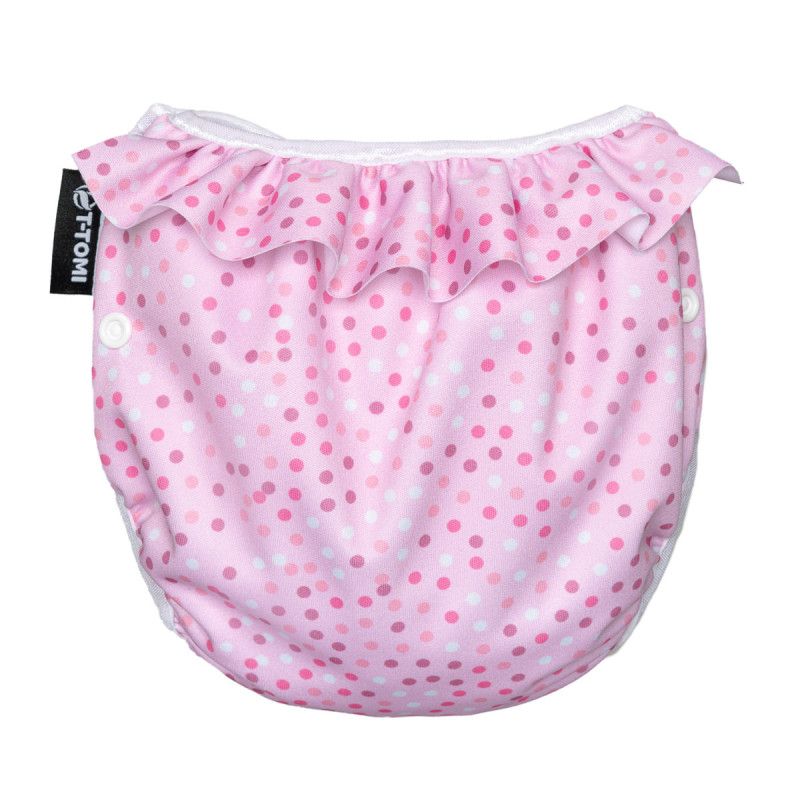 T-TOMI Schwimmwindel mit Rüsche, rosa mit Punkten, Druckknöpfe, Etikett.
