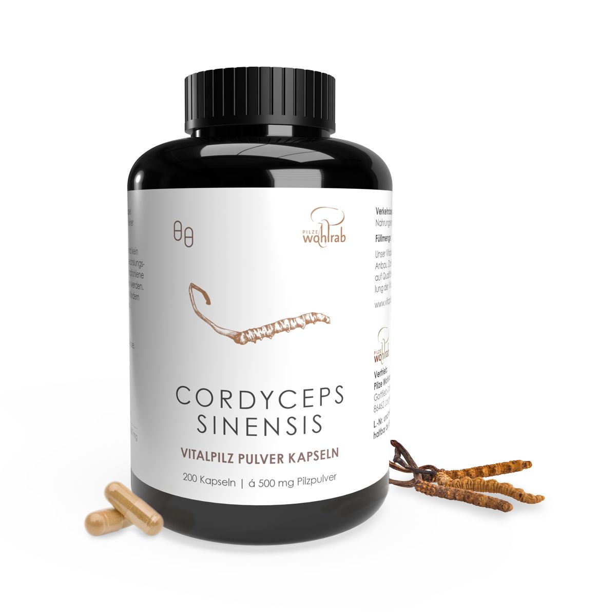 Braune Flasche mit schwarzen Deckel, zwei Kapseln und Pilzen. Aufschrift: Cordyceps Sinensis, Vitalpilz Pulver Kapseln.