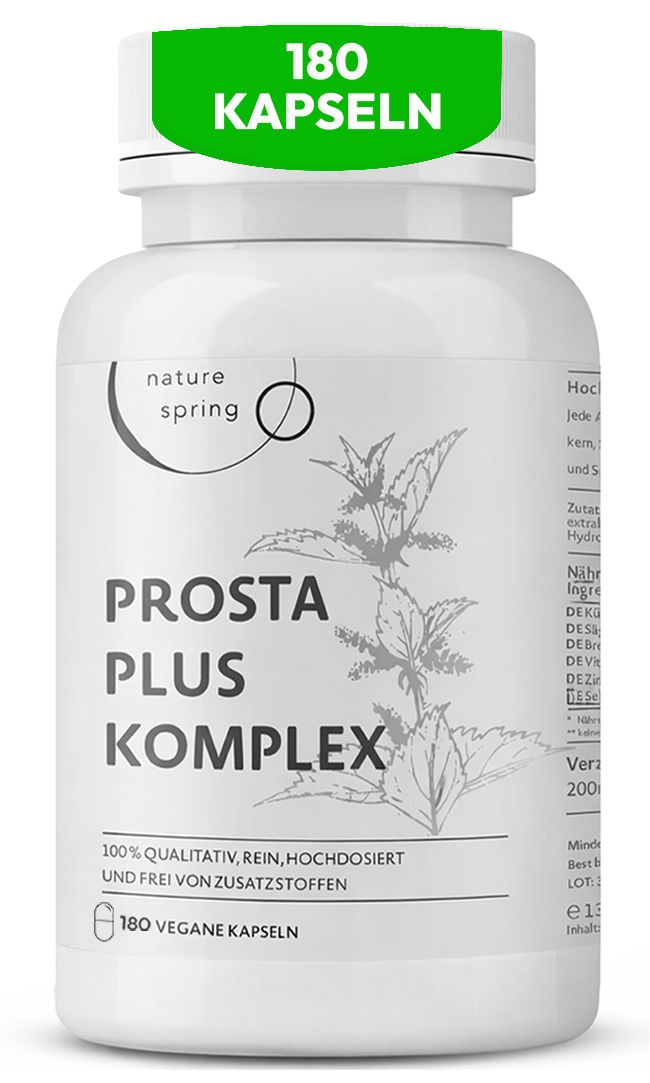 Weiße Flasche mit Kapseln. Aufschrift: PROSTA PLUS KOMPLEX, 180 Kapseln. Nature spring Logo. Grün: 180 Kapseln.