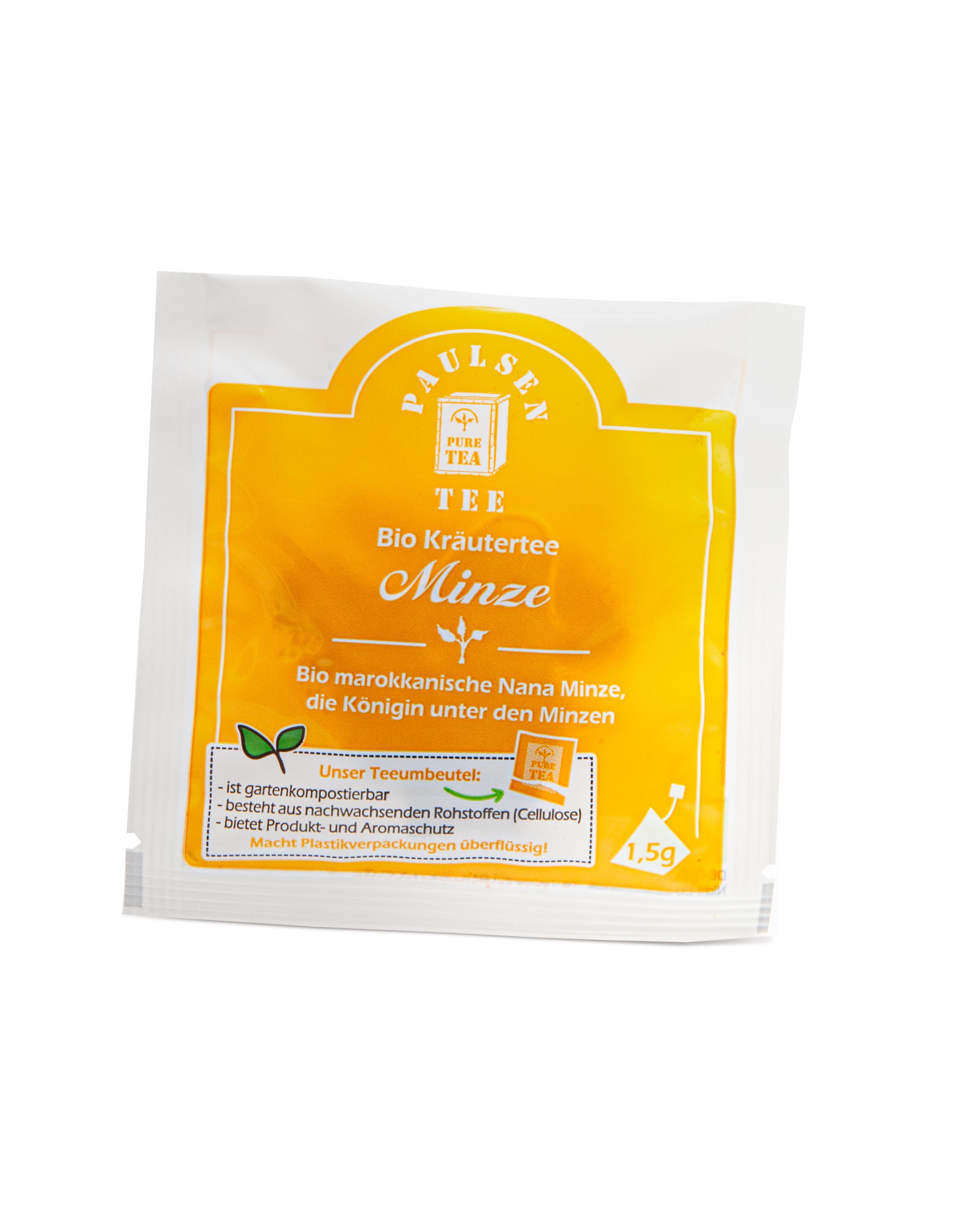 Einzelverpackter Teebeutel mit gelbem Etikett. Aufschrift: Bio Kräutertee Minze. 1,5g. Kompostierbar.