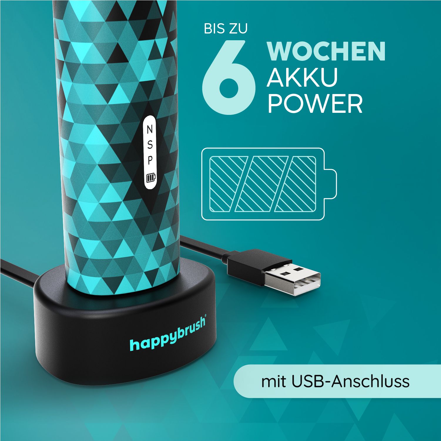 Schallzahnbürste auf Ladestation mit USB-Anschluss. Türkis-schwarzes Design. Text: Bis zu 6 Wochen Akku Power.