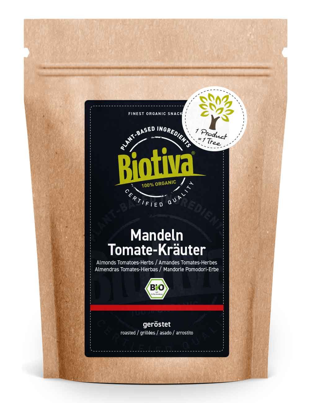 Beutel mit Biotiva Mandeln Tomate-Kräuter. Schwarzes Etikett mit Produktnamen und Bio-Siegel. Braune Papierverpackung.