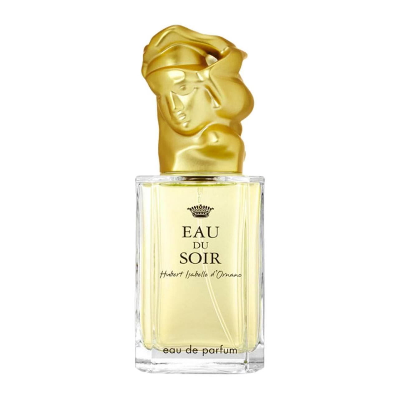Glasflakon mit goldfarbenem Deckel, der eine Frauendarstellung zeigt. Aufschrift: Eau du Soir, Hubert Isabelle d'Ornano.