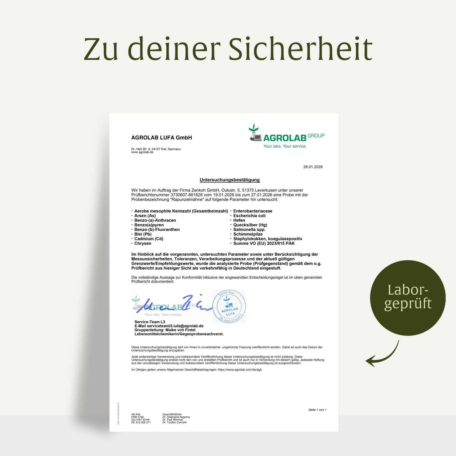 Laborbericht für Haar-Komplex-Kapseln mit Prüfsiegel 'Labor-geprüft'.