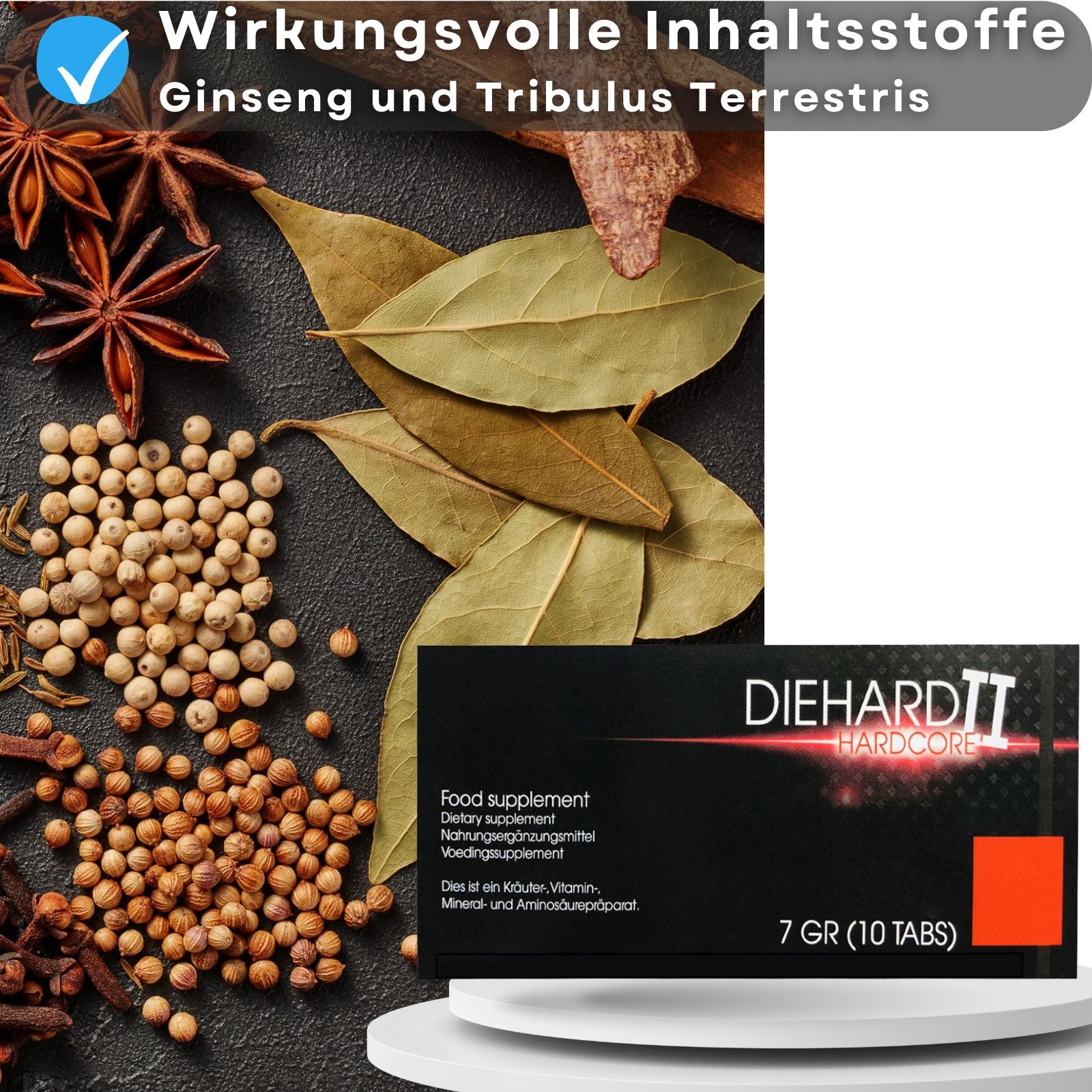Produktverpackung und Zutaten. Aufschrift: DIEHARD II HARDCORE, 7 GR (10 TABS). Gewürze und Kräuter.