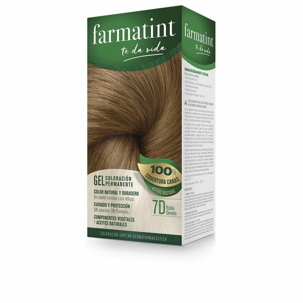 Farmatint Dauerhafte Farbe Gel 7d Dunkelblond Verpackung. Grün-weiße Schachtel mit Produktabbildung und Text. 7D-Farbcode.