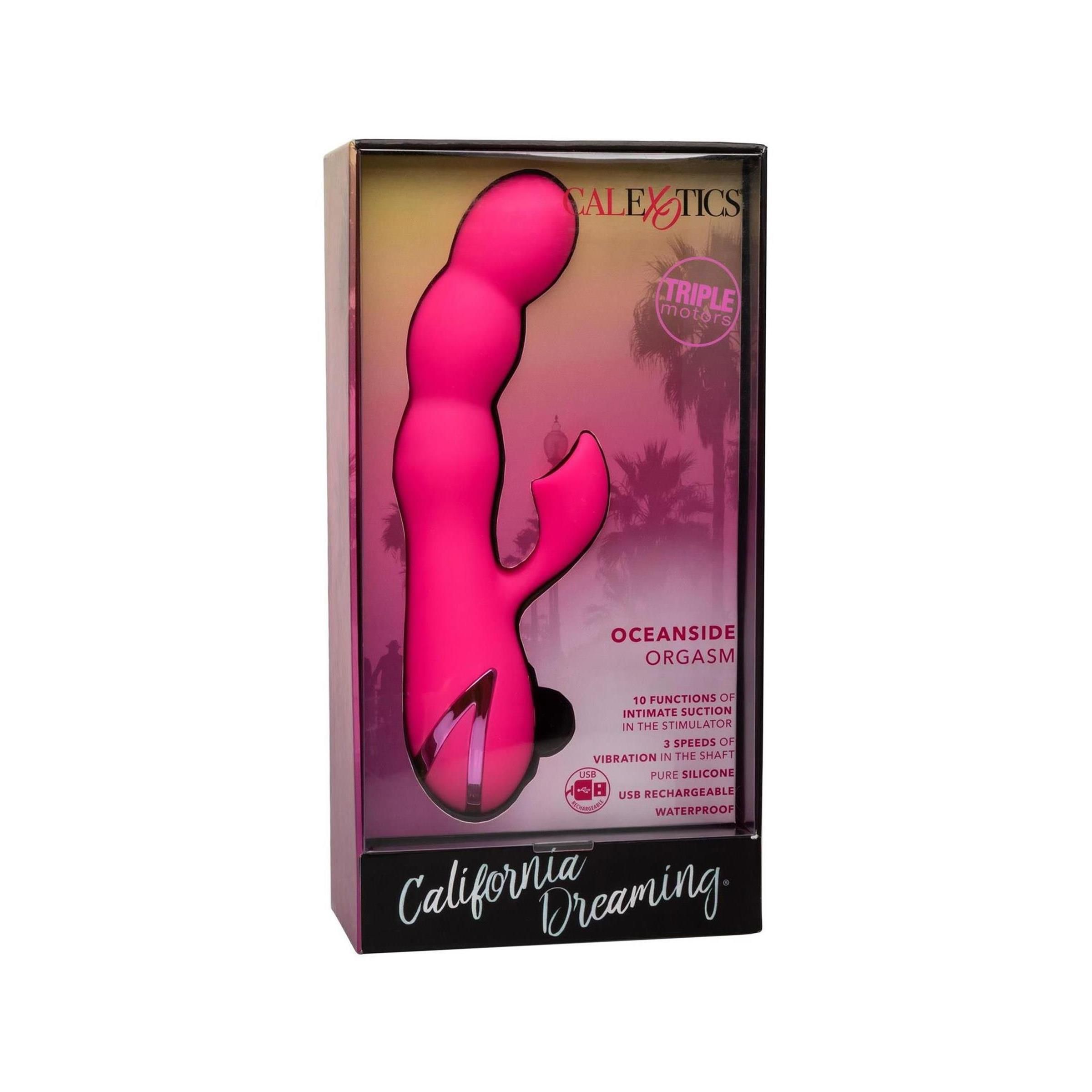 Pinkfarbenes Wellness-Produkt in Verpackung. Text: Oceanside Orgasm, California Dreaming. Transparentes Fenster.