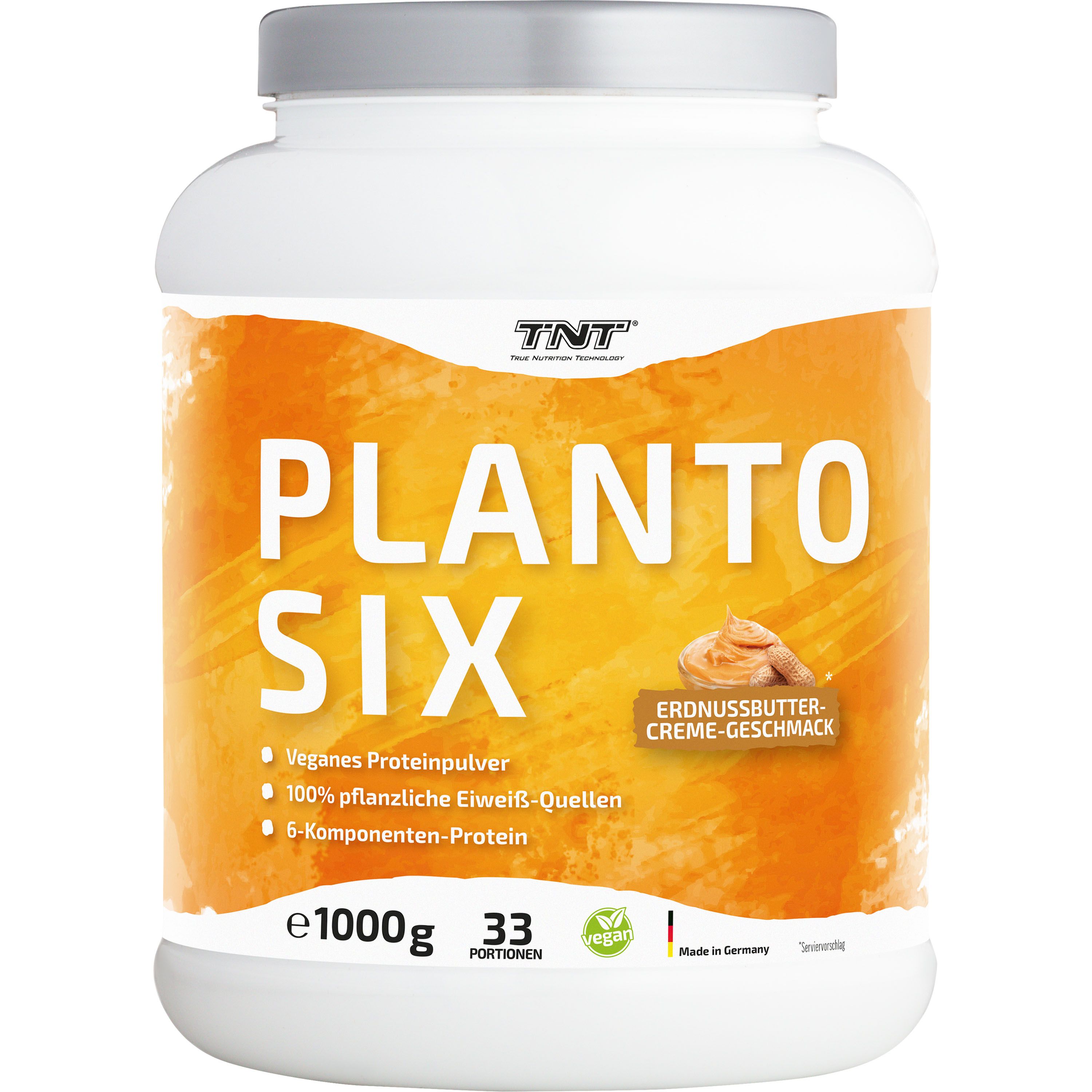 Weiße Dose mit "TNT Planto Six"-Aufdruck. Erdnussbutter-Creme-Geschmack. Vegan, 100% pflanzliches Eiweiß, 6-Komponenten-Protein. 1000g, 33 Portionen.