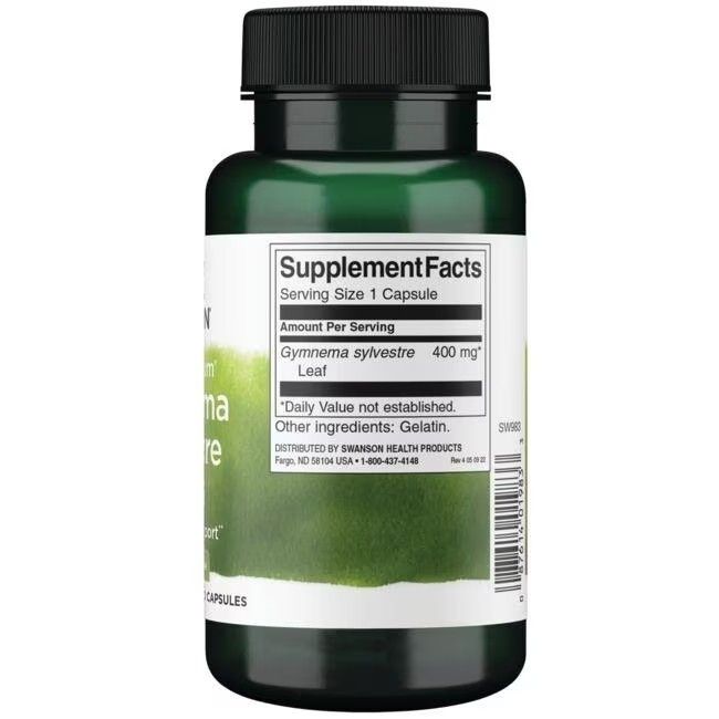 Rückansicht einer grünen Flasche mit schwarzem Deckel. Weißes Etikett mit Nährwertangaben und Inhaltsstoffen: Gymnema Sylvestre 400 mg.