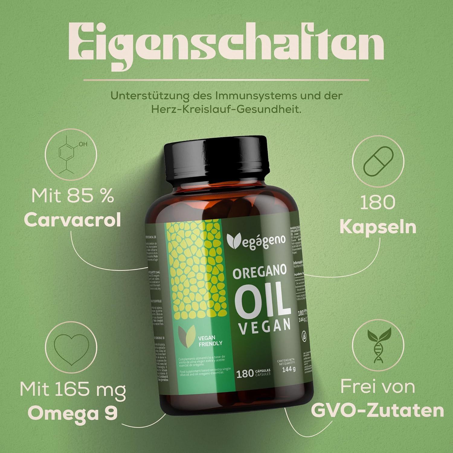 Braune Flasche mit grünem Etikett. Text: Oregano Oil Vegan. 180 Kapseln. Vegan Friendly. Eigenschaften.