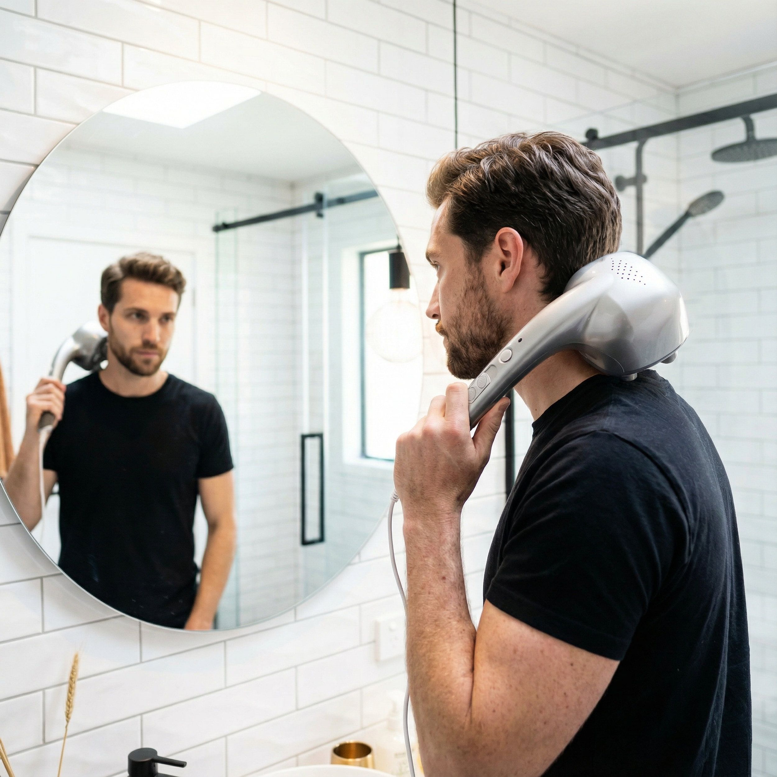 Mann im Badezimmer, hält Massagegerät am Nacken. Silberfarbenes Gerät mit Knöpfen. Spiegel im Hintergrund.