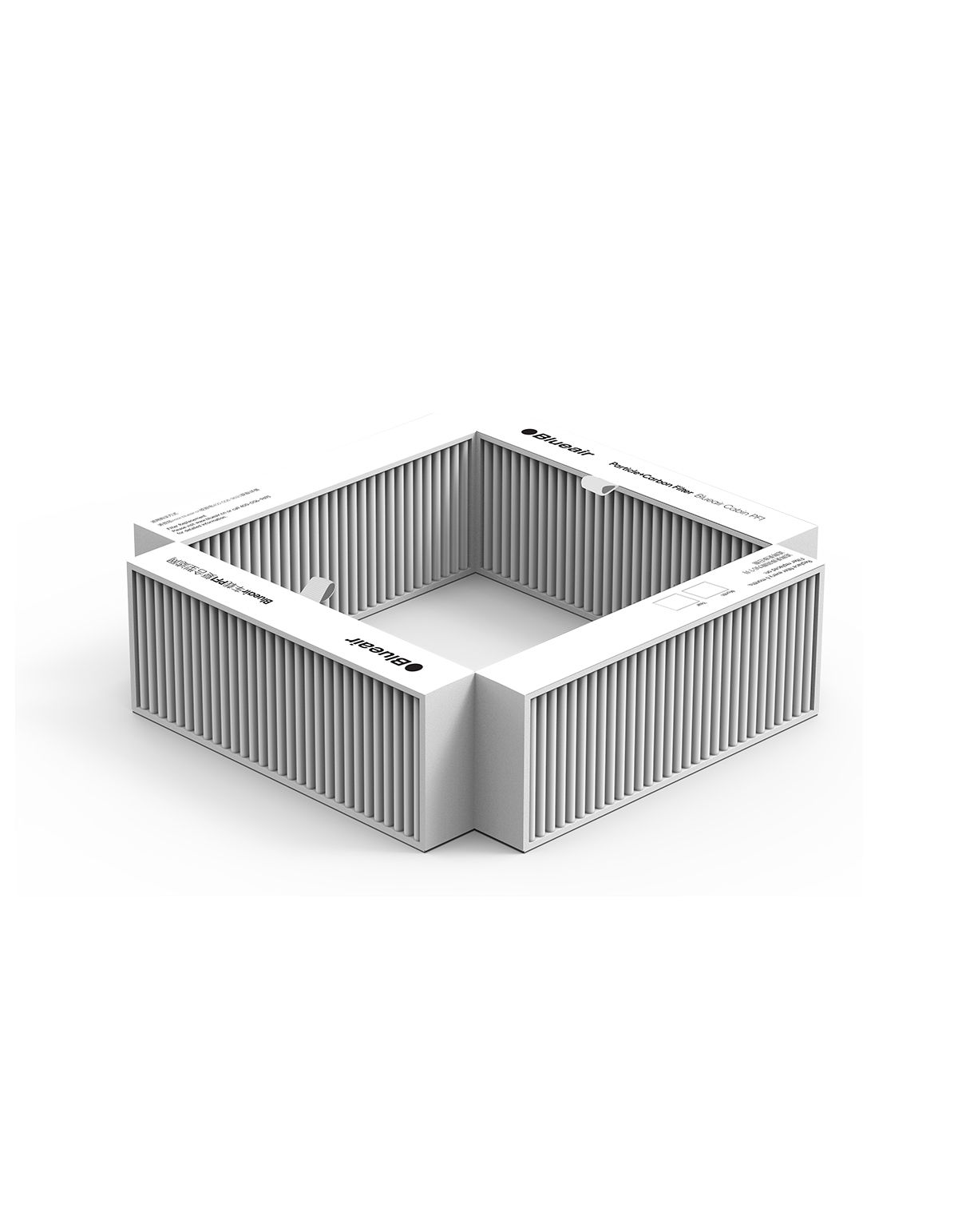 Weißer Filter für Luftreiniger, quadratisch mit Lamellen. Eckige Form, mit Logo. 
