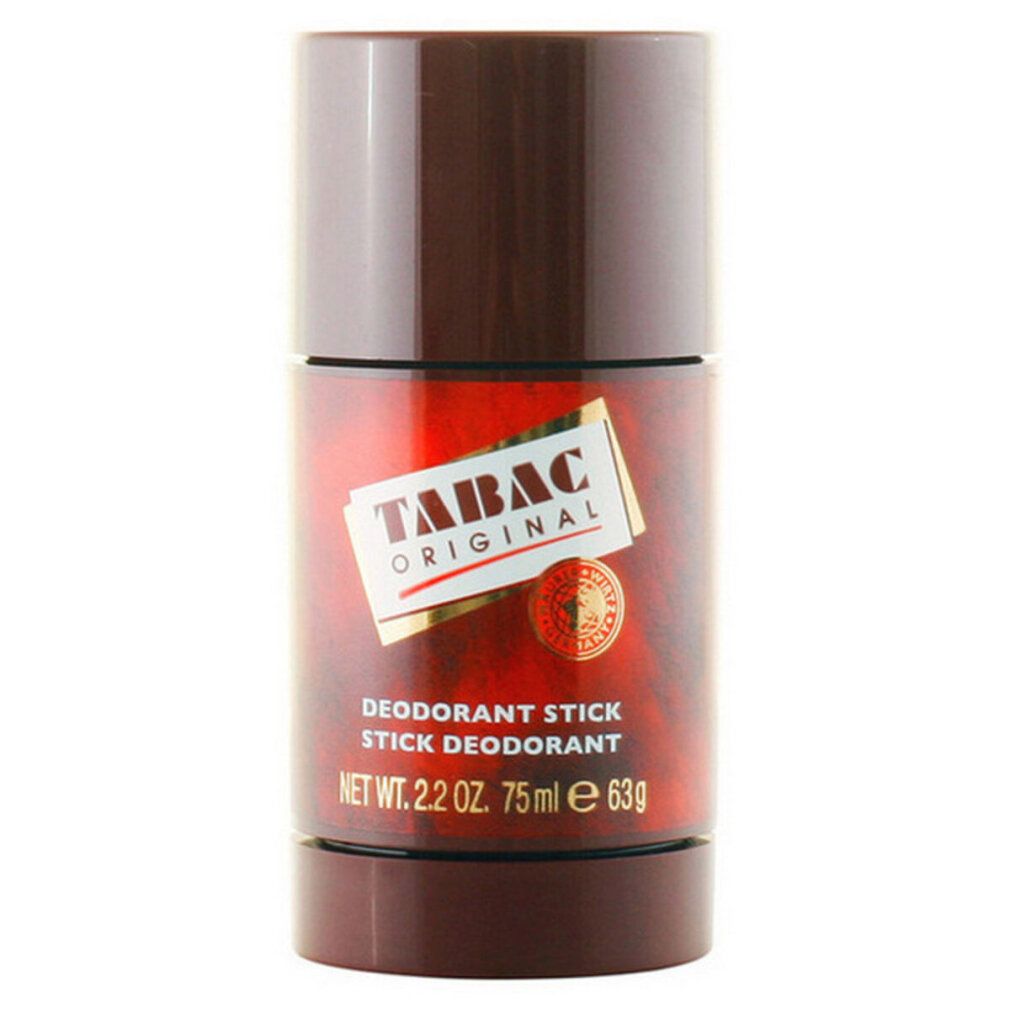 Deo-Stick Tabac Original. Braune Verpackung mit goldfarbenem Etikett. Text: Deodorant Stick, 75 ml.