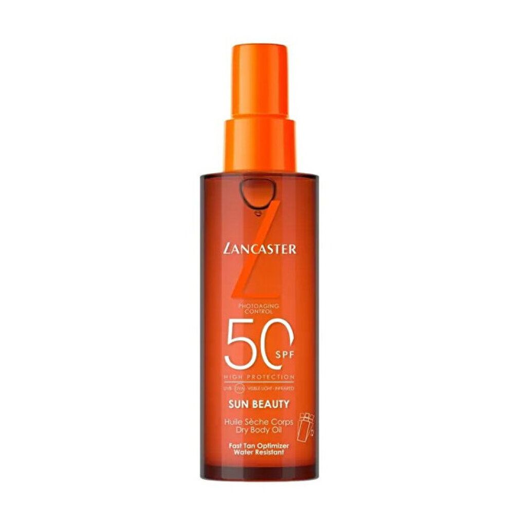 Sonnenöl-Flasche. Lancaster Sun Beauty Fast Tan Optimizer Sonnenöl SPF50. Orangefarben.