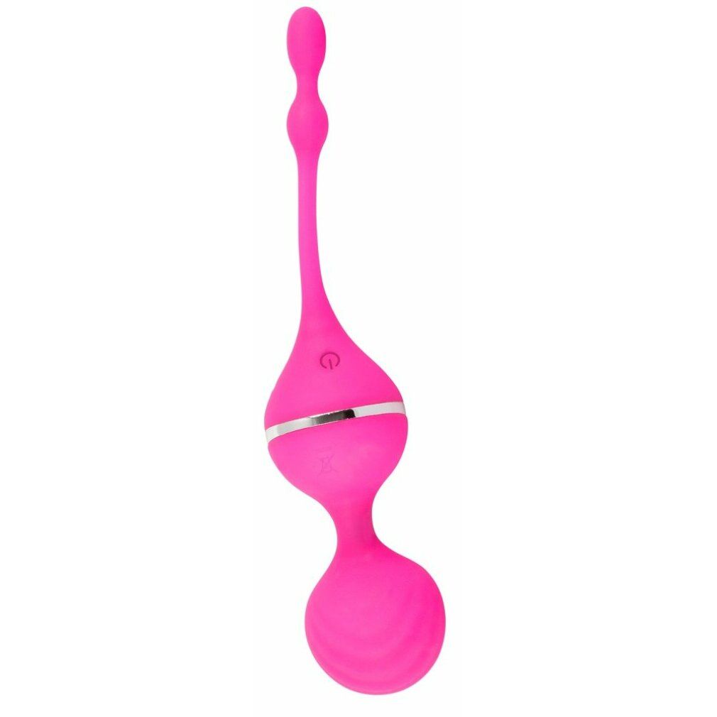 Rosa Vibrationskugel mit silbernen Akzenten und metallischer Kugel. Ein/Aus-Taste sichtbar. Oben drei kleine Kugeln.