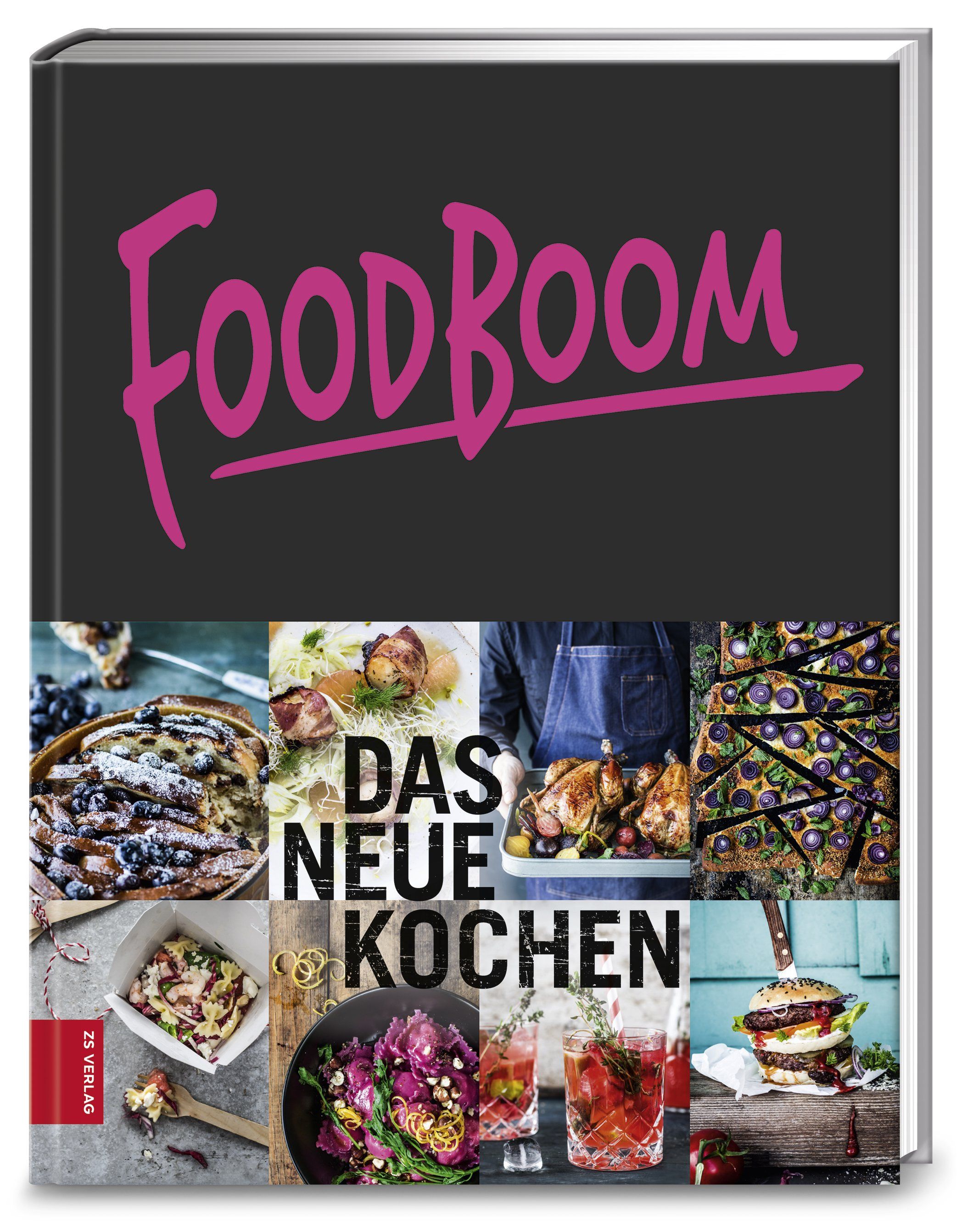 Buch mit dem Titel "Foodboom" und dem Untertitel "Das neue Kochen". Auf dem Cover sind verschiedene Gerichte abgebildet.