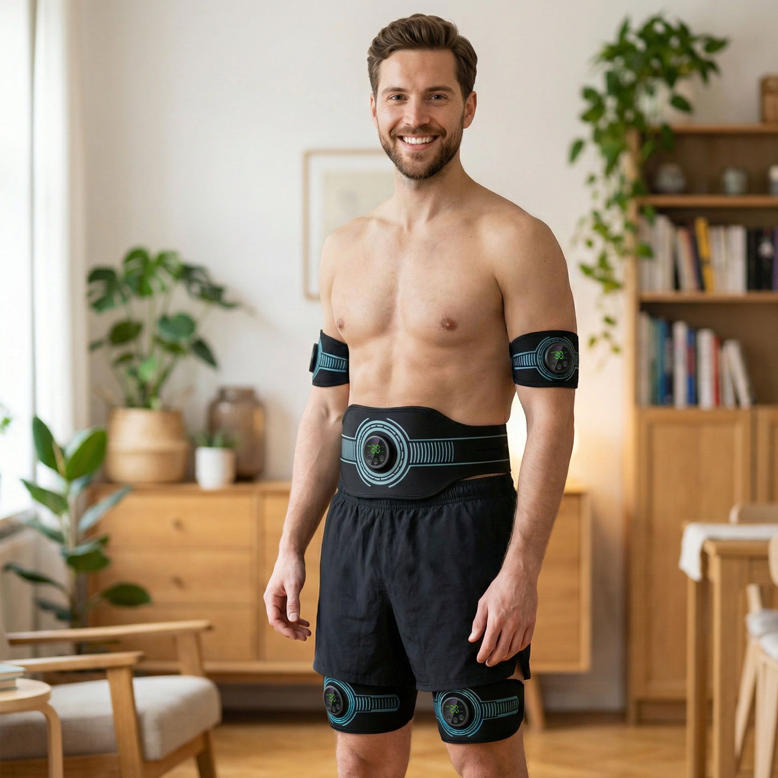 Mann mit EMS-Geräten an Armen, Bauch und Beinen. Schwarze Shorts. In Innenraum.