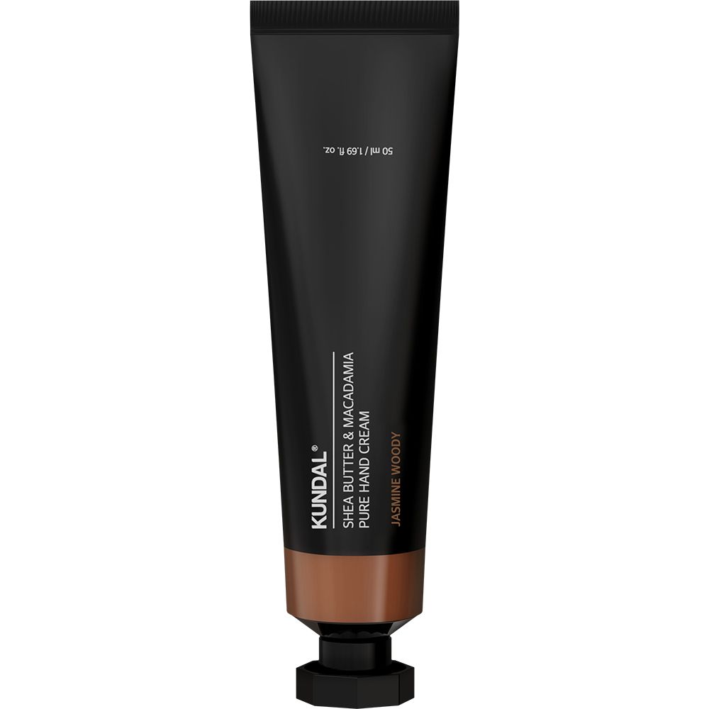 Schwarze Tube Handcreme mit braunem Boden. Aufschrift: KUNDAL Shea Butter & Macadamia Pure Hand Cream Jasmine Woody.