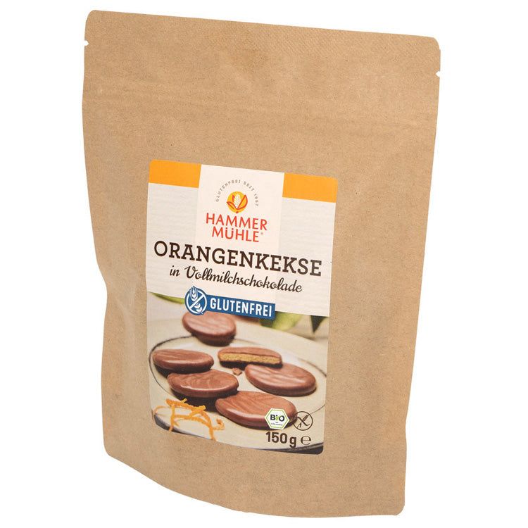 Verpackung mit Orangenkeksen in Vollmilchschokolade. Aufdrucke: Hammer Mühle, glutenfrei, Bio-Siegel, 150g.