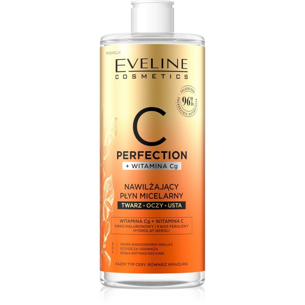 Eveline Cosmetics Mizellenlotion. Flasche mit weißem Deckel. Aufschrift: C Perfection + Witamin Cg. Für Gesicht, Augen und Lippen. 96% natürliche Inhaltsstoffe.