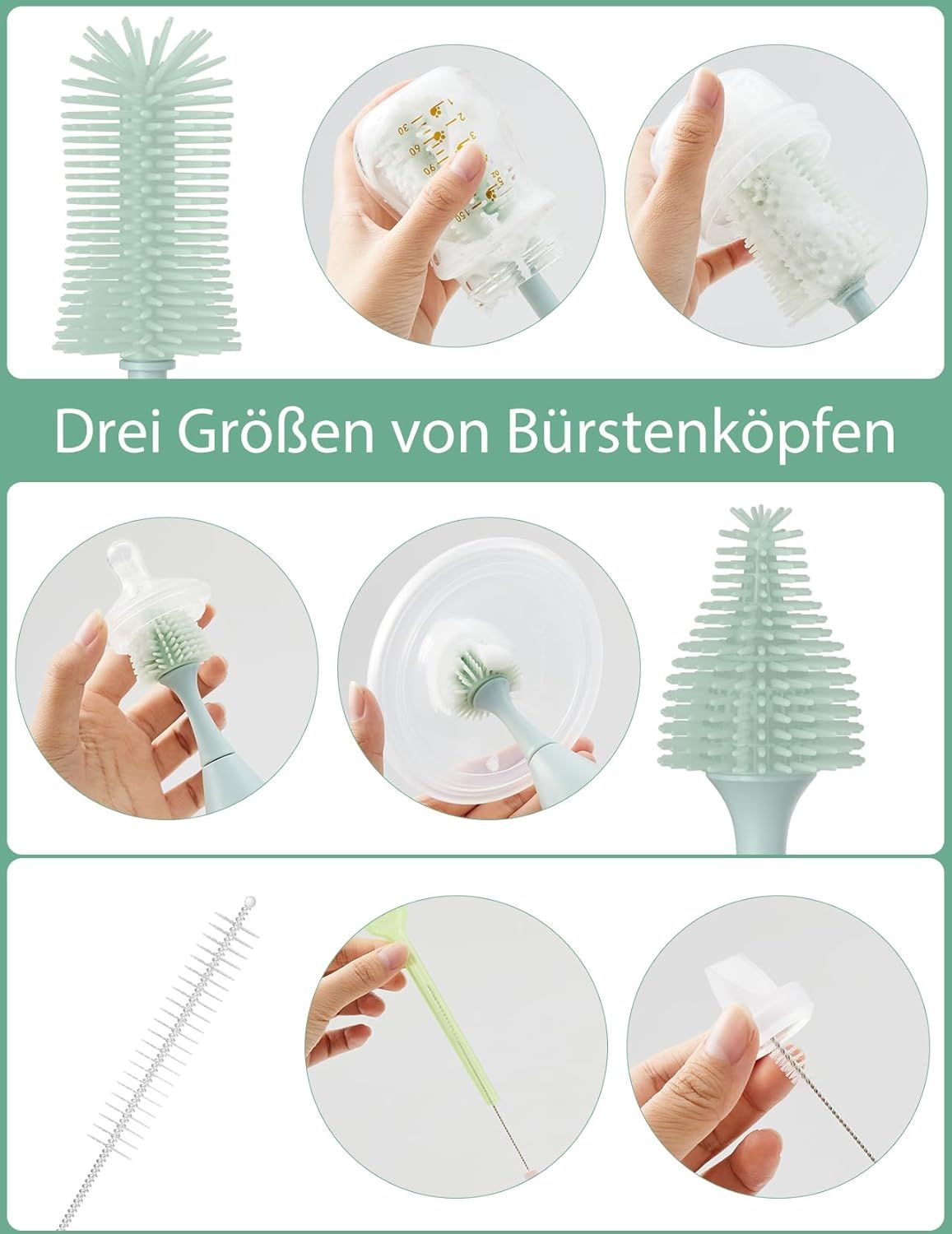 Drei Bürstenköpfe für Momcozy Flaschenbürste und drei kleine Reinigungsbürsten.