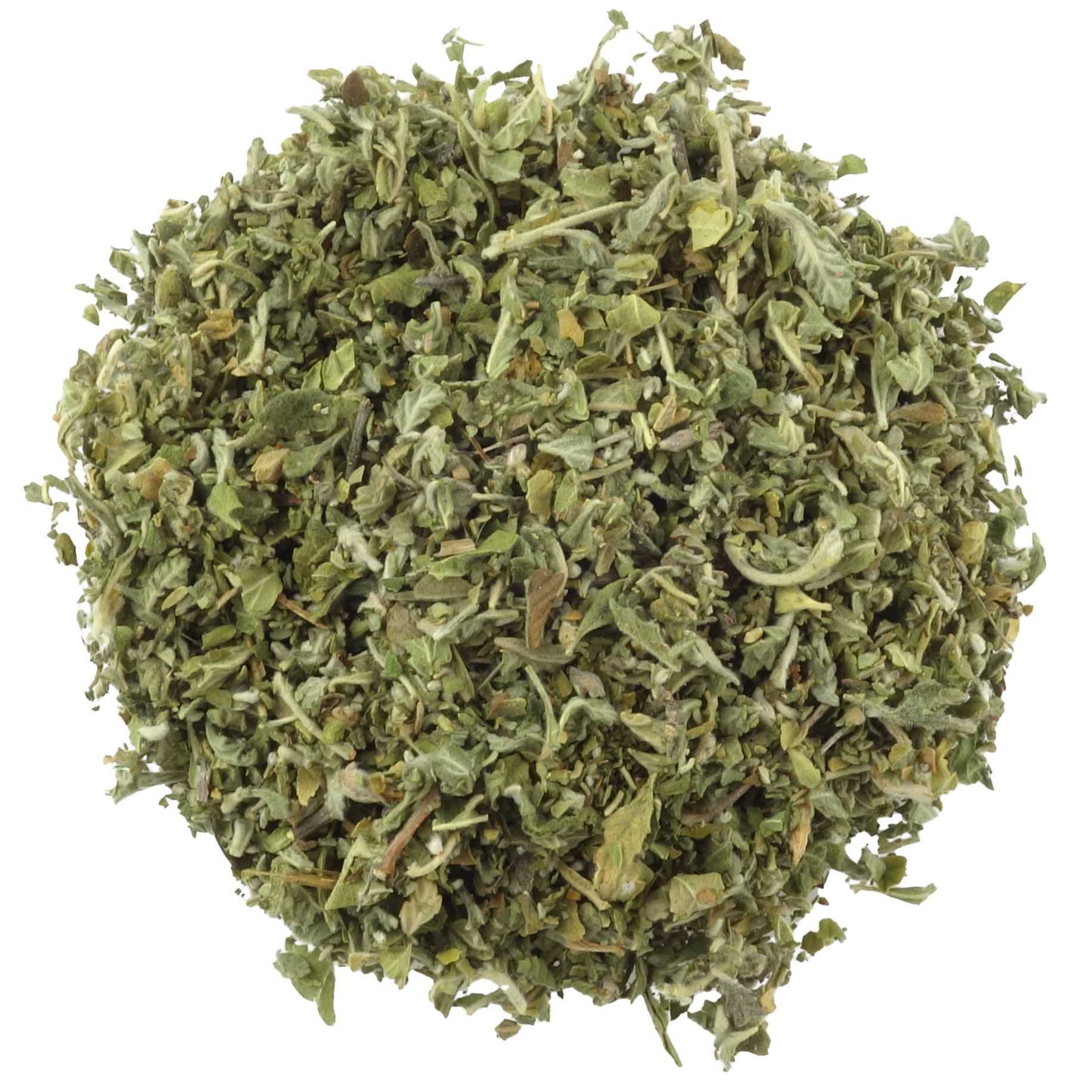 Haufen getrockneter, zerkleinerter Kräuter. Grünliche Farbe, detaillierte Blätter und Stiele.