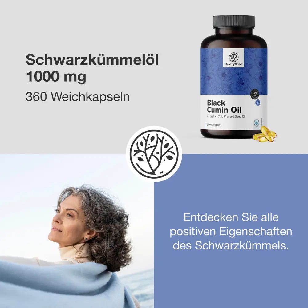 Produktabbildung: Flasche mit Kapseln. Text: Schwarzkümmelöl 1000 mg, 360 Weichkapseln. Frau im Hintergrund.