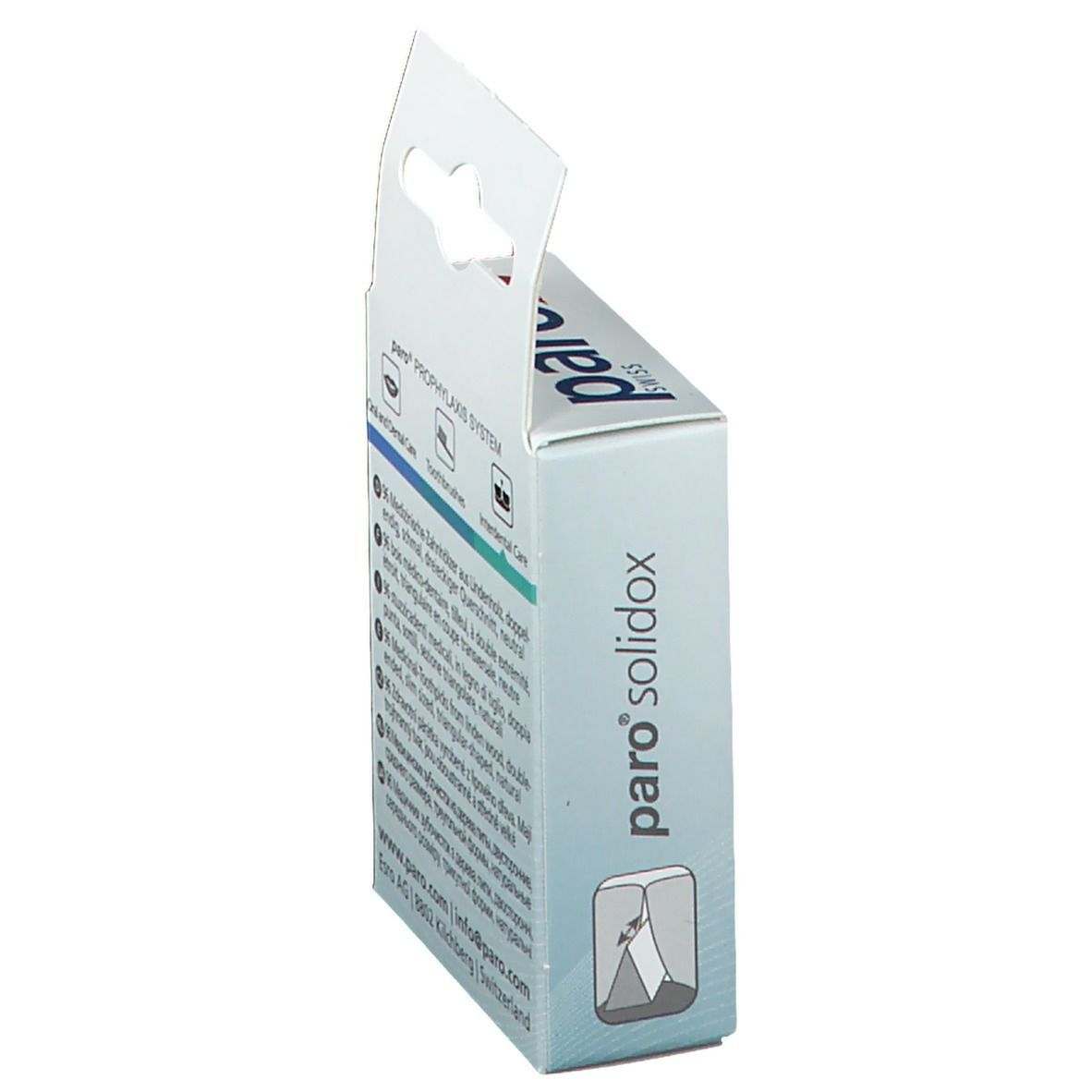 Seitenansicht der paro® solidox Verpackung. Weiß, mit Logo und Produktbezeichnung. Text in mehreren Sprachen.