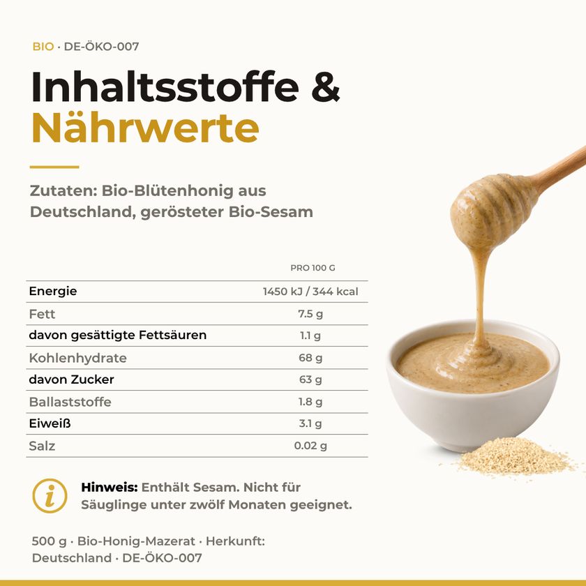 SUNNAFRUCHT® Premium BIO Blütenhonig mit geröstetem Bio-Sesam