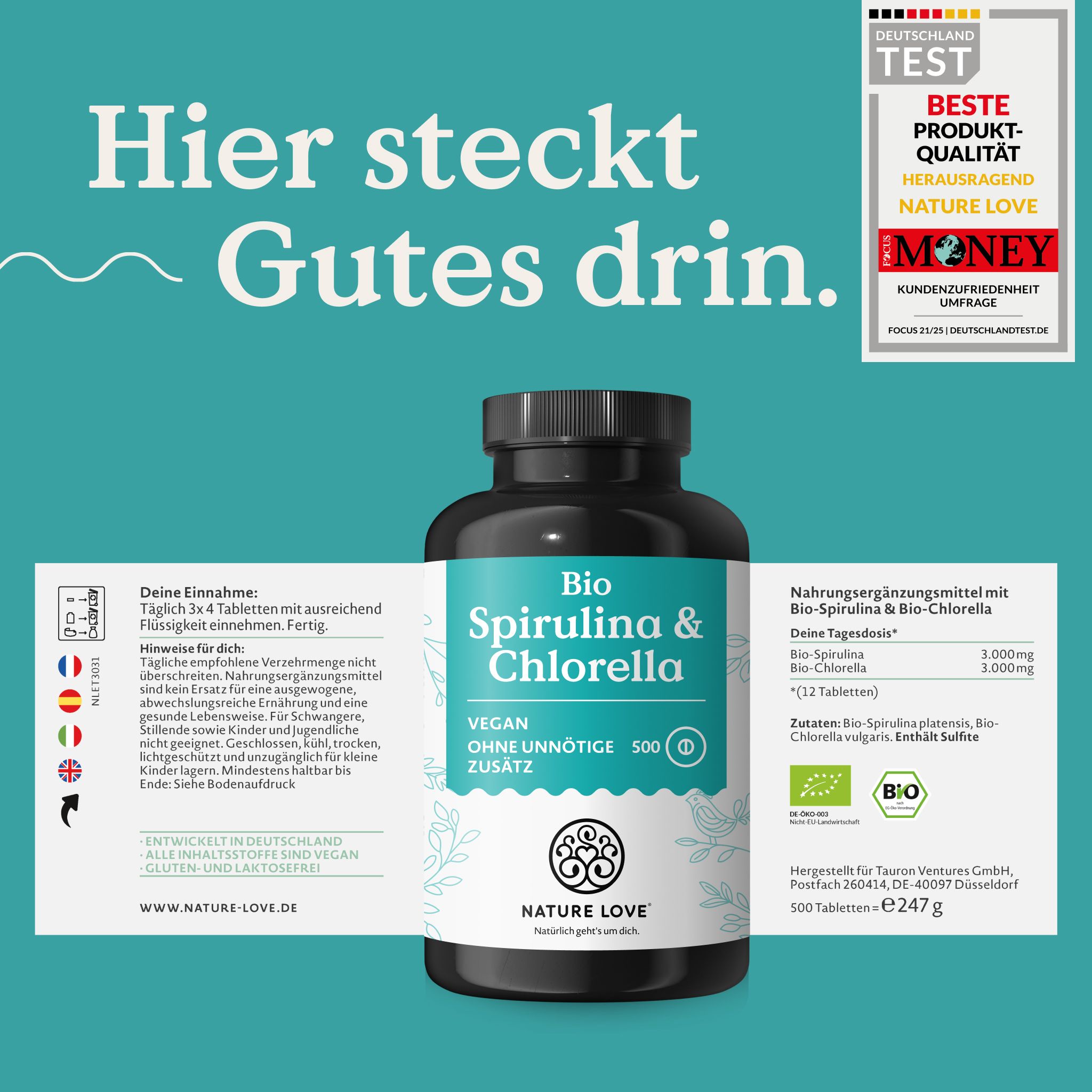 Flasche Bio Spirulina & Chlorella mit Einnahmeinformationen und Siegeln.