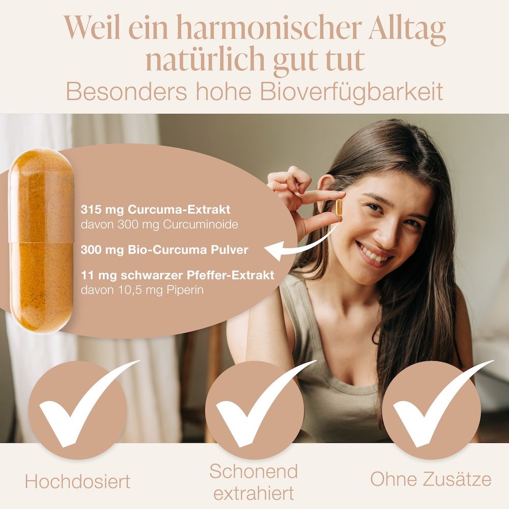 Frau hält Kapsel. Großaufnahme einer Kapsel. Text: 315 mg Curcuma-Extrakt, 300 mg Bio-Curcuma.