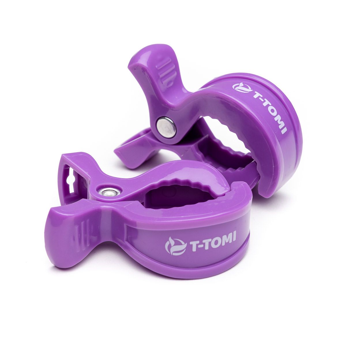 Zwei lila T-Tomi Clips mit Griffstruktur und Logo.
